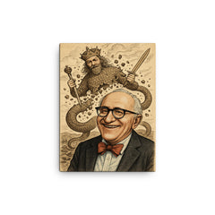 Murray Rothbard grinning before collapsing Leviathan cartoon canvas print on a plain backdrop in size 12"x16".