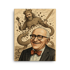 Murray Rothbard grinning before collapsing Leviathan cartoon canvas print on a plain backdrop in size 16"x20".