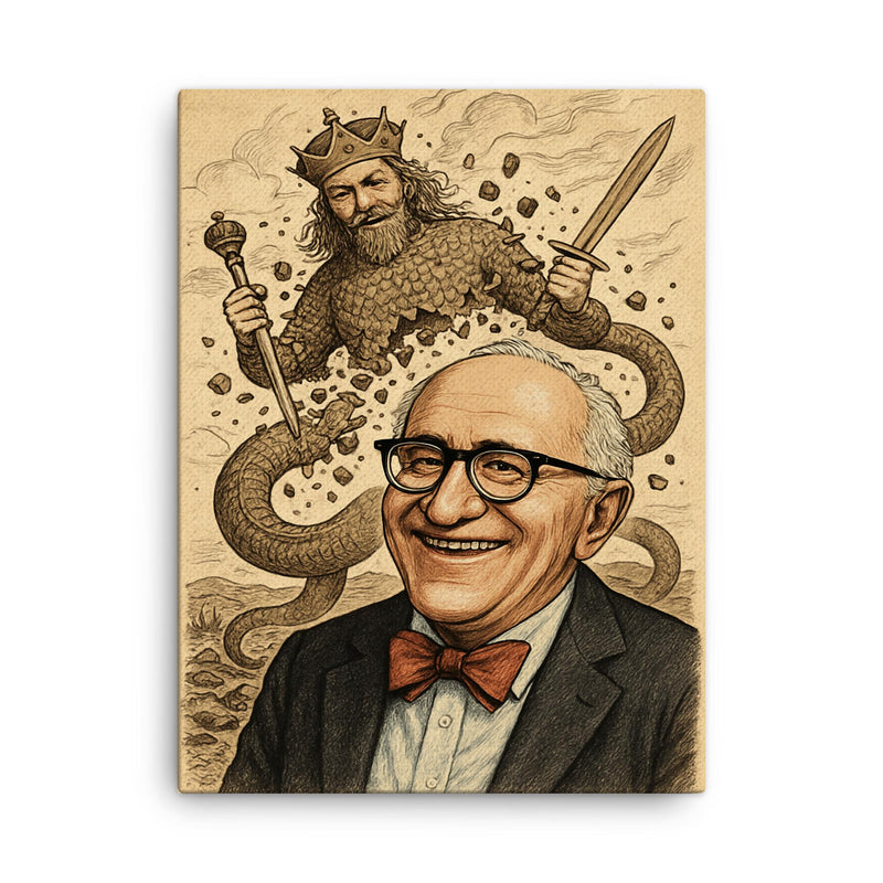 Murray Rothbard grinning before collapsing Leviathan cartoon canvas print on a plain backdrop in size 18