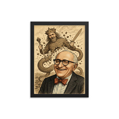 Murray Rothbard grinning before collapsing Leviathan cartoon framed print on a plain backdrop in size 12"x16".