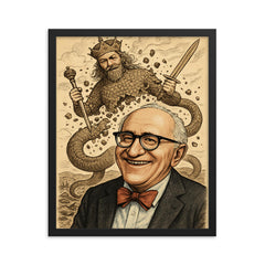 Murray Rothbard grinning before collapsing Leviathan cartoon framed print on a plain backdrop in size 16"x20".