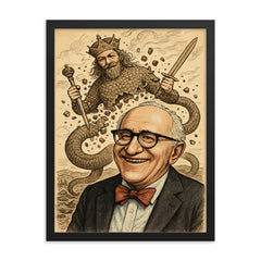 Murray Rothbard grinning before collapsing Leviathan cartoon framed print on a plain backdrop in size 18"x24".