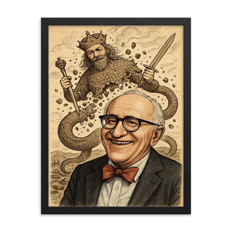 Murray Rothbard grinning before collapsing Leviathan cartoon framed print on a plain backdrop in size 18