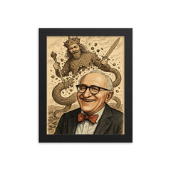 Murray Rothbard grinning before collapsing Leviathan cartoon framed print on a plain backdrop in size 8"x10".