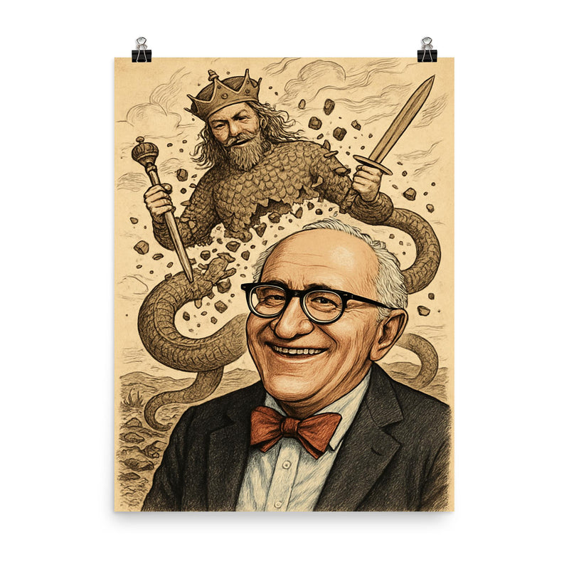 Murray Rothbard grinning before collapsing Leviathan cartoon poster on a plain backdrop in size 8