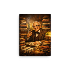 Murray Rothbard with stacks of radical books canvas print on a plain backdrop in size 12"x16".