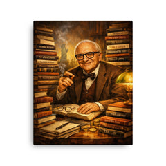 Murray Rothbard with stacks of radical books canvas print on a plain backdrop in size 16"x20".