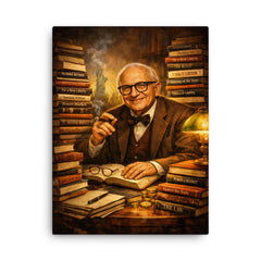 Murray Rothbard with stacks of radical books canvas print on a plain backdrop in size 18"x24".