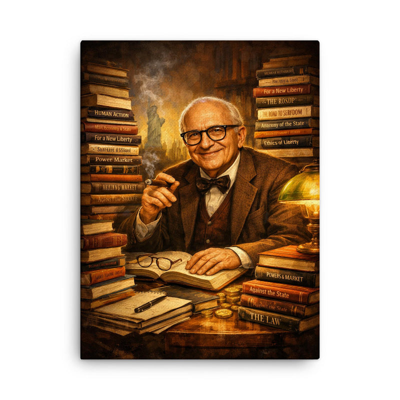 Murray Rothbard with stacks of radical books canvas print on a plain backdrop in size 18