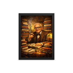 Murray Rothbard with stacks of radical books framed print on a plain backdrop in size 12"x16".