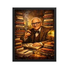 Murray Rothbard with stacks of radical books framed print on a plain backdrop in size 16"x20".