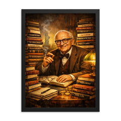 Murray Rothbard with stacks of radical books framed print on a plain backdrop in size 18"x24".