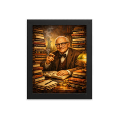 Murray Rothbard with stacks of radical books framed print on a plain backdrop in size 8"x10".