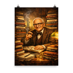 Murray Rothbard with stacks of radical books poster on a plain backdrop in size 8"x10".
