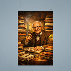 Murray Rothbard with stacks of radical books poster 9