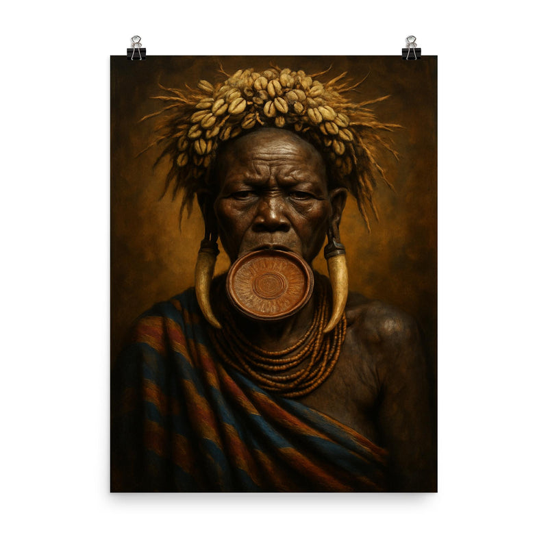 Mursi lip plate matriarch in regal frontal portrait poster on a plain backdrop in size 8