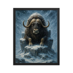 Musk ox patriarch in Arctic blizzard throne framed print on a plain backdrop in size 16"x20".