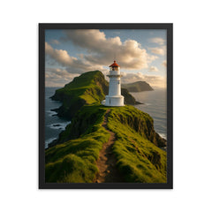 Mykines Lighthouse Cliffs Faroe Islands framed print on a plain backdrop in size 16"x20".