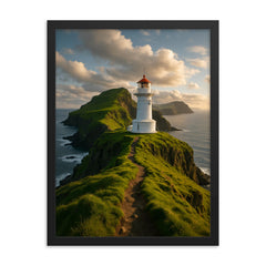 Mykines Lighthouse Cliffs Faroe Islands framed print on a plain backdrop in size 18"x24".