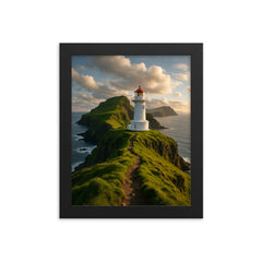 Mykines Lighthouse Cliffs Faroe Islands framed print on a plain backdrop in size 8"x10".