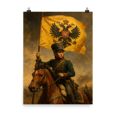 Nadezhda Durova cavalry officer disguised beneath imperial standard poster on a plain backdrop in size 8"x10".