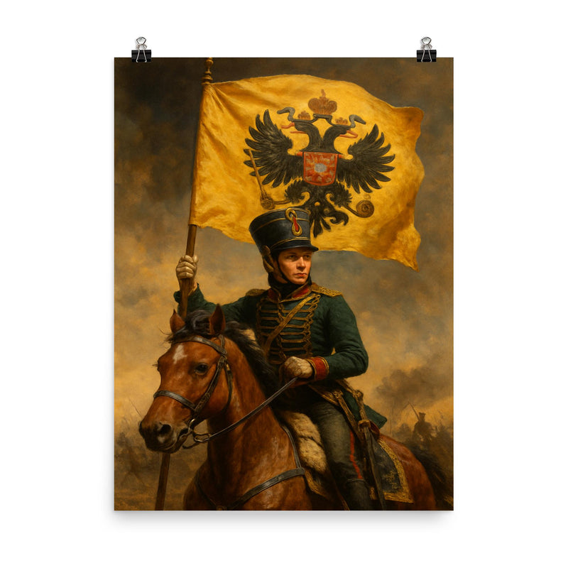 Nadezhda Durova cavalry officer disguised beneath imperial standard poster on a plain backdrop in size 8