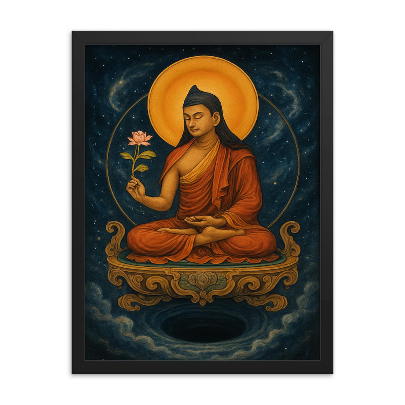 Nagarjuna on a throne of emptiness framed print on a plain backdrop in size 18