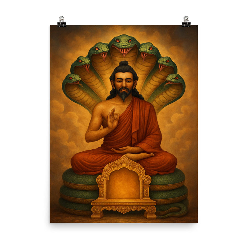 Nagarjuna with serpent canopy and empty throne poster on a plain backdrop in size 8
