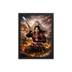 Nakano Takeko with naginata at Aizu framed print on a plain backdrop in size 12"x16".