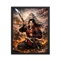 Nakano Takeko with naginata at Aizu framed print on a plain backdrop in size 16"x20".