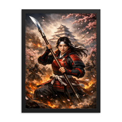 Nakano Takeko with naginata at Aizu framed print on a plain backdrop in size 18"x24".