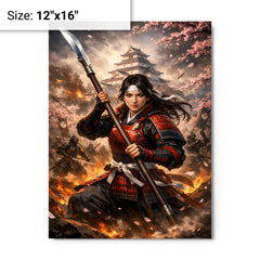 Nakano Takeko with naginata at Aizu metal print on a plain backdrop in size 12"x16".
