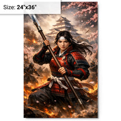Nakano Takeko with naginata at Aizu metal print on a plain backdrop in size 24"x36".