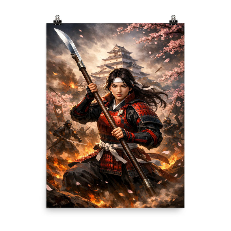 Nakano Takeko with naginata at Aizu poster on a plain backdrop in size 8