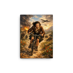 Nancy Wake bicycle sprint through maquis countryside canvas print on a plain backdrop in size 12"x16".