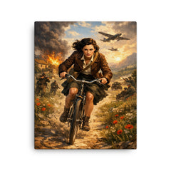 Nancy Wake bicycle sprint through maquis countryside canvas print on a plain backdrop in size 16"x20".