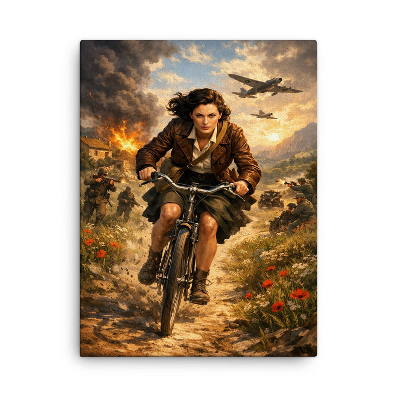 Nancy Wake bicycle sprint through maquis countryside canvas print on a plain backdrop in size 18