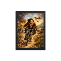Nancy Wake bicycle sprint through maquis countryside framed print on a plain backdrop in size 12"x16".