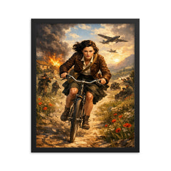 Nancy Wake bicycle sprint through maquis countryside framed print on a plain backdrop in size 16"x20".