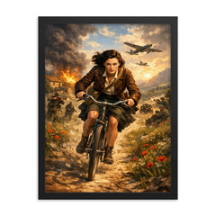 Nancy Wake bicycle sprint through maquis countryside framed print on a plain backdrop in size 18"x24".