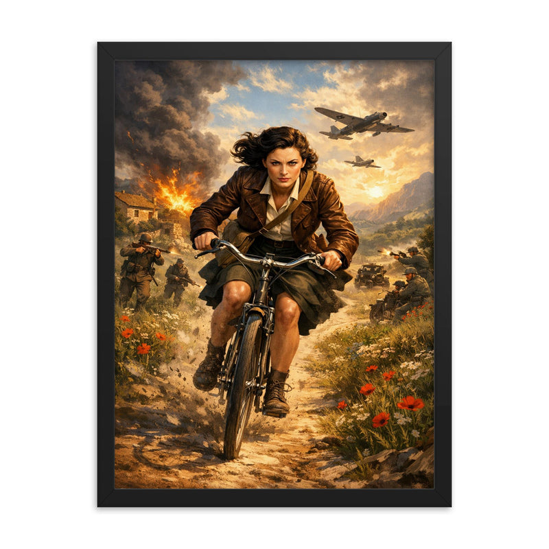 Nancy Wake bicycle sprint through maquis countryside framed print on a plain backdrop in size 18