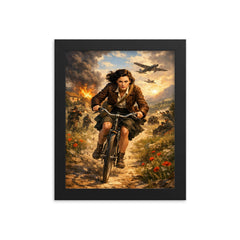 Nancy Wake bicycle sprint through maquis countryside framed print on a plain backdrop in size 8"x10".
