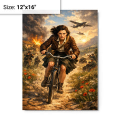 Nancy Wake bicycle sprint through maquis countryside metal print on a plain backdrop in size 12"x16".