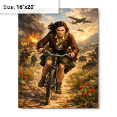 Nancy Wake bicycle sprint through maquis countryside metal print on a plain backdrop in size 16"x20".