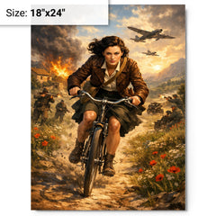 Nancy Wake bicycle sprint through maquis countryside metal print on a plain backdrop in size 18"x24".
