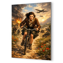 Nancy Wake bicycle sprint through maquis countryside metal print mockup