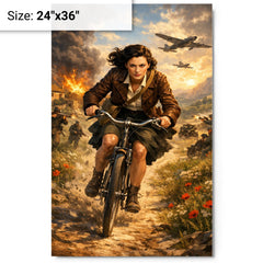 Nancy Wake bicycle sprint through maquis countryside metal print on a plain backdrop in size 24"x36".