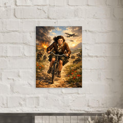 Nancy Wake bicycle sprint through maquis countryside metal print mockup
