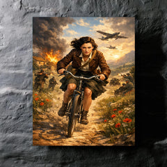Nancy Wake bicycle sprint through maquis countryside metal print mockup