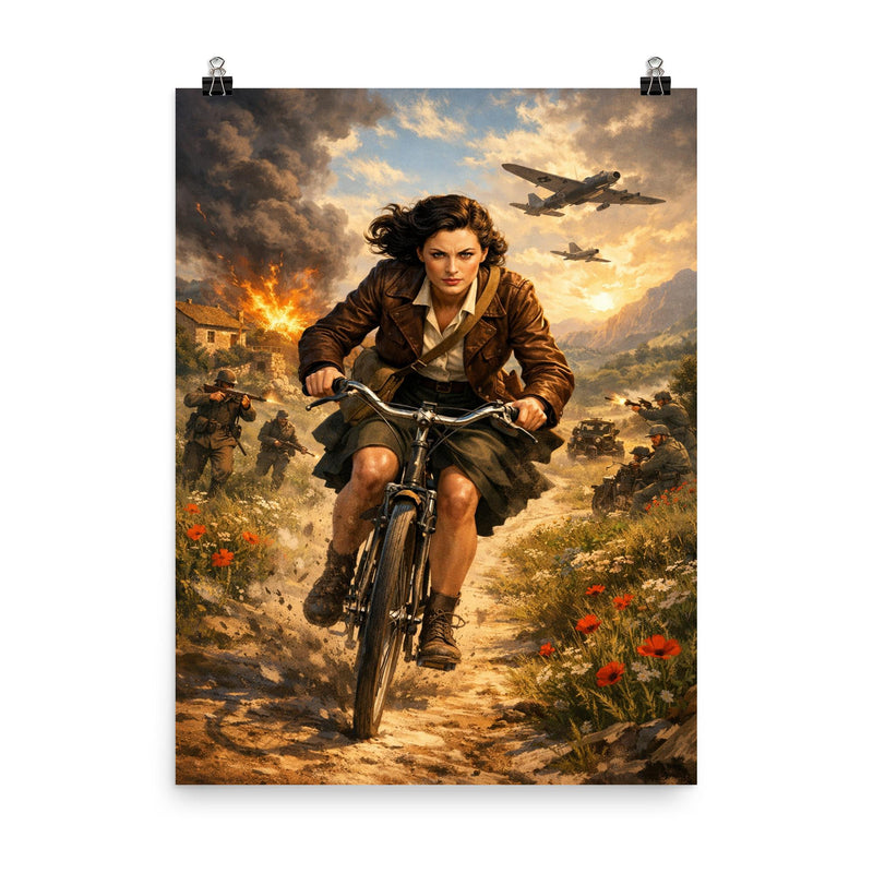 Nancy Wake bicycle sprint through maquis countryside poster on a plain backdrop in size 8